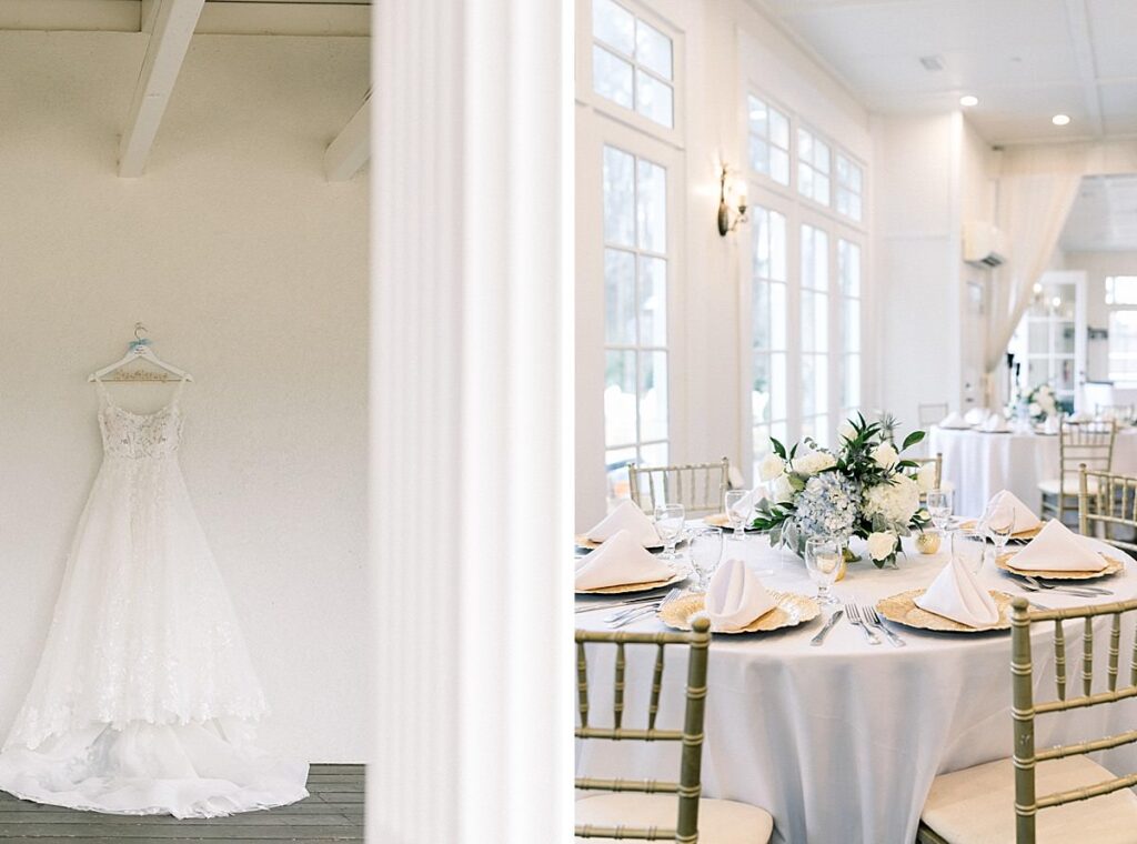 A wedding dress hangs on a wall next to details of a reception table with white linens Little River Farms, wedding venue in Milton Georgia