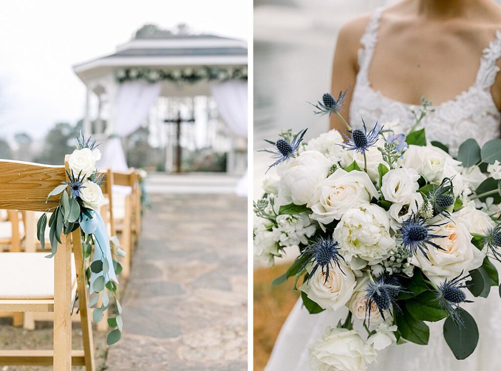 Details of a bride's bouquet with white and blue flowers matching her ceremony decor at a Little River Farms, wedding venue in Milton Georgia