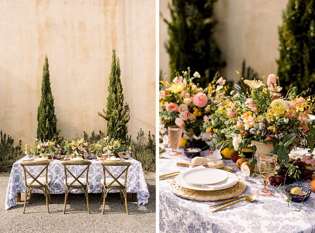 Details of a small table wedding reception table set up outdoors 