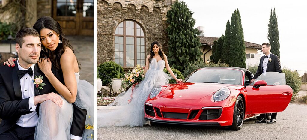 Newlyweds stand against a bright read Porsche 