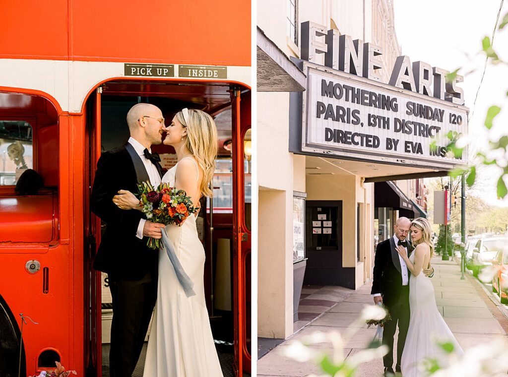Newlyweds kiss and hug under the fine arts sign and in front of a red bus