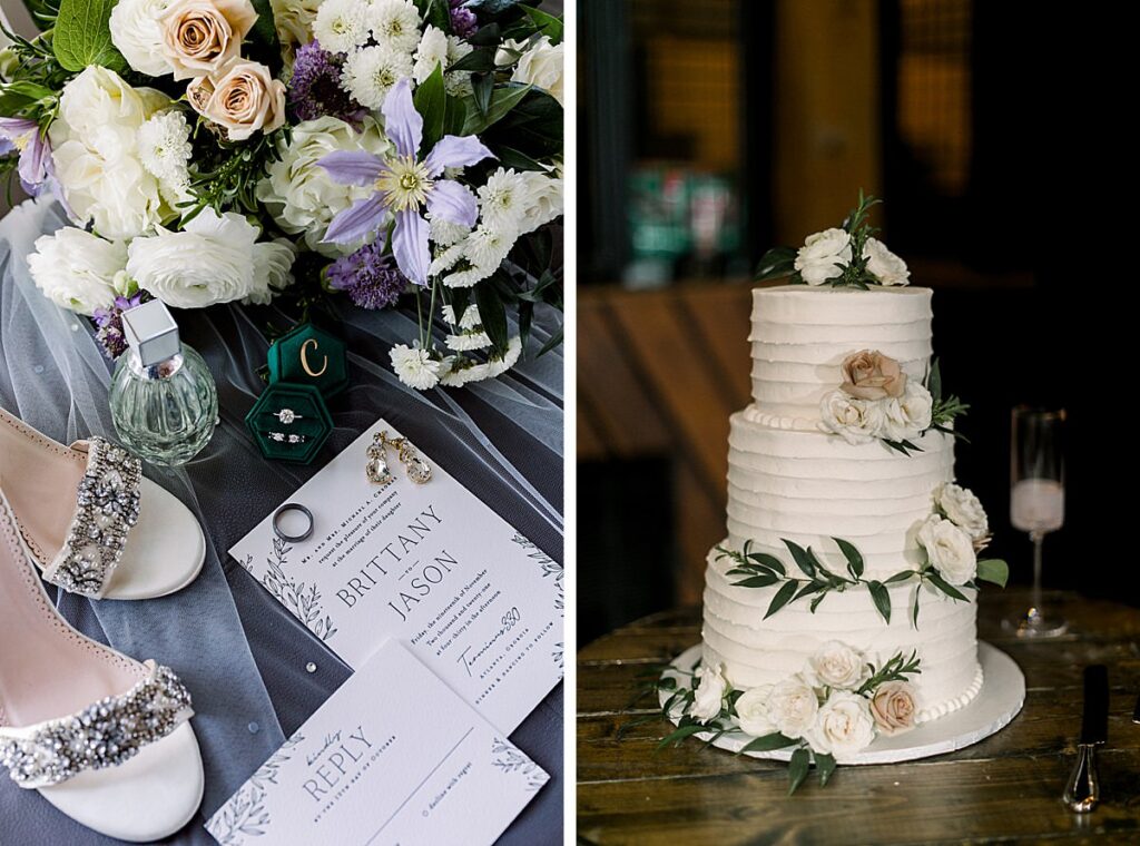 Bridal details and a three tier wedding cake with flowers