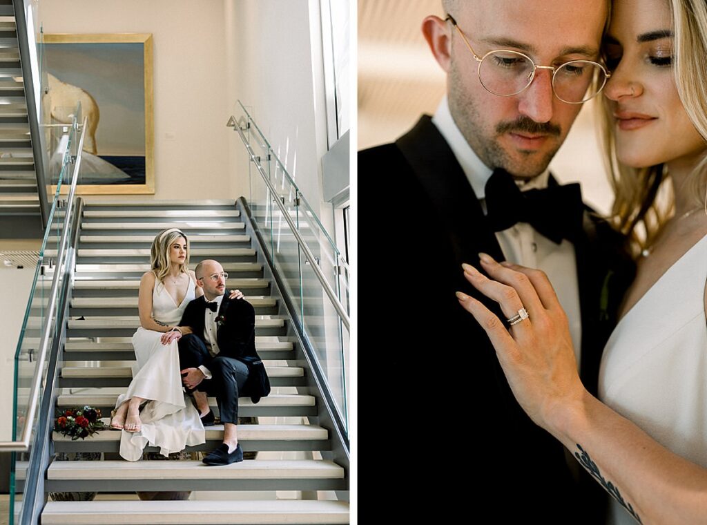 Newlyweds sit on some stairs looking out the window at their Asheville Art Museum Elopement 