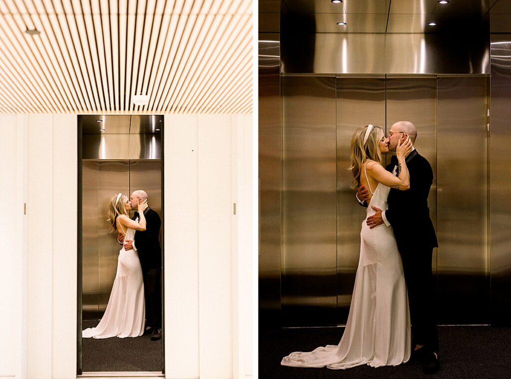 Newlyweds kiss in the elevator at their Asheville North Carolina Art Museum Elopement 