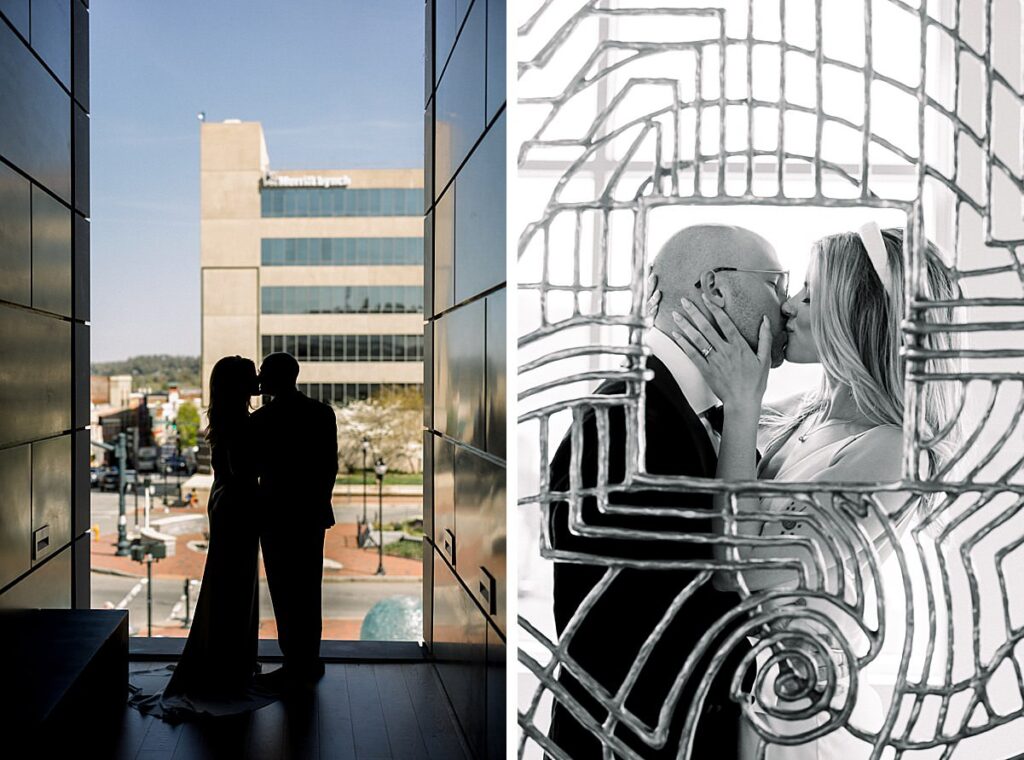 Newlyweds kiss in silhouette around the museum