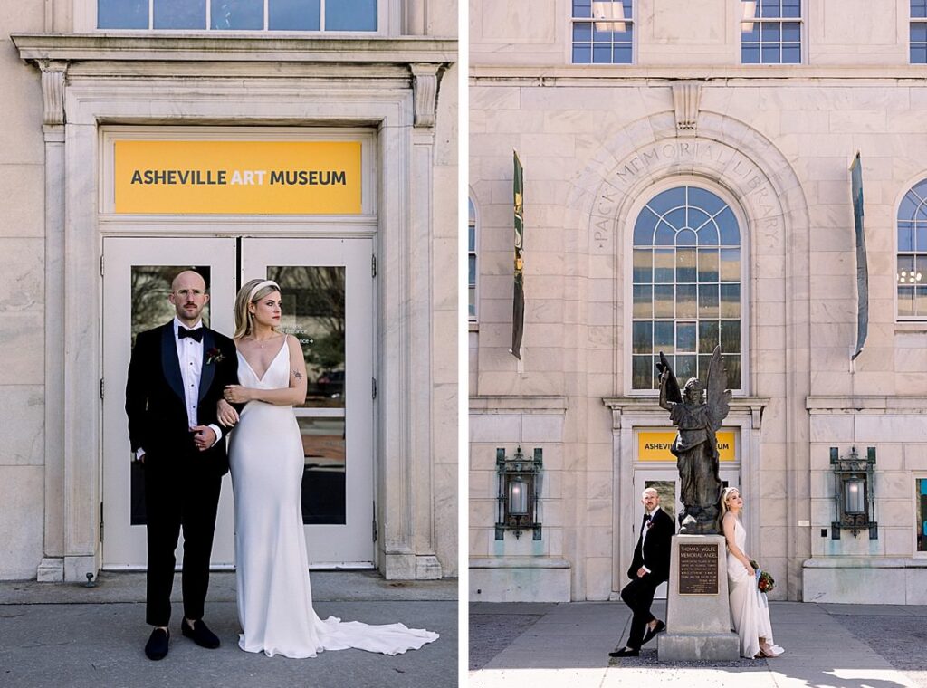 Newlyweds lean on a statue and hold hands in front of their Asheville Art Museum Wedding