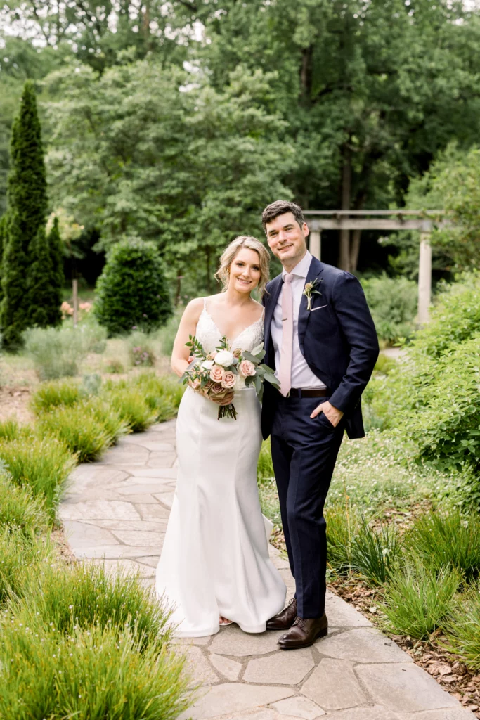 bride and groom in the garden at the Cator Woolford Gardens Wedding Venue