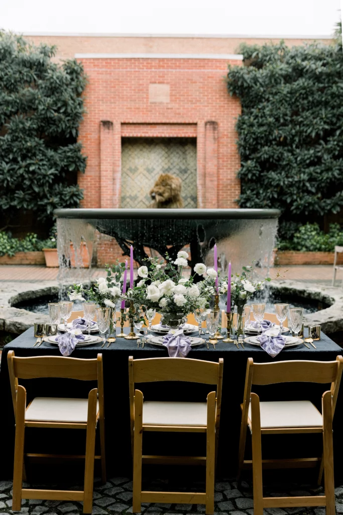 table decor with a fountain behind it
