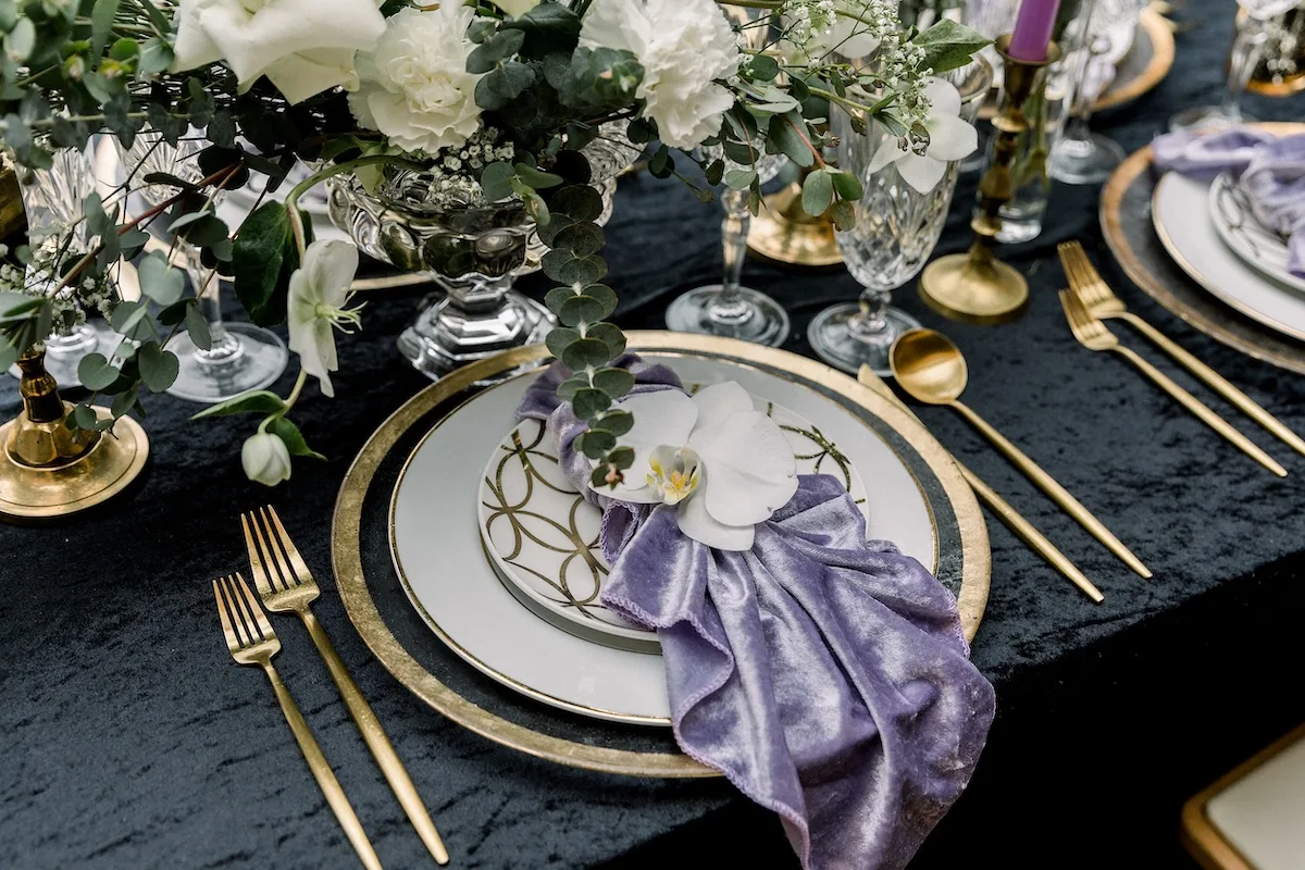 purple and orchid wedding decor at outdoor Atlanta Botanical Gardens wedding reception