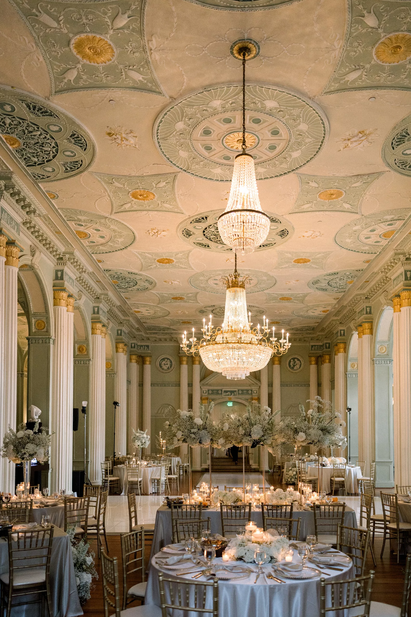 Details of an ornate wedding reception venue with chandeliers Biltmore Ballrooms Wedding