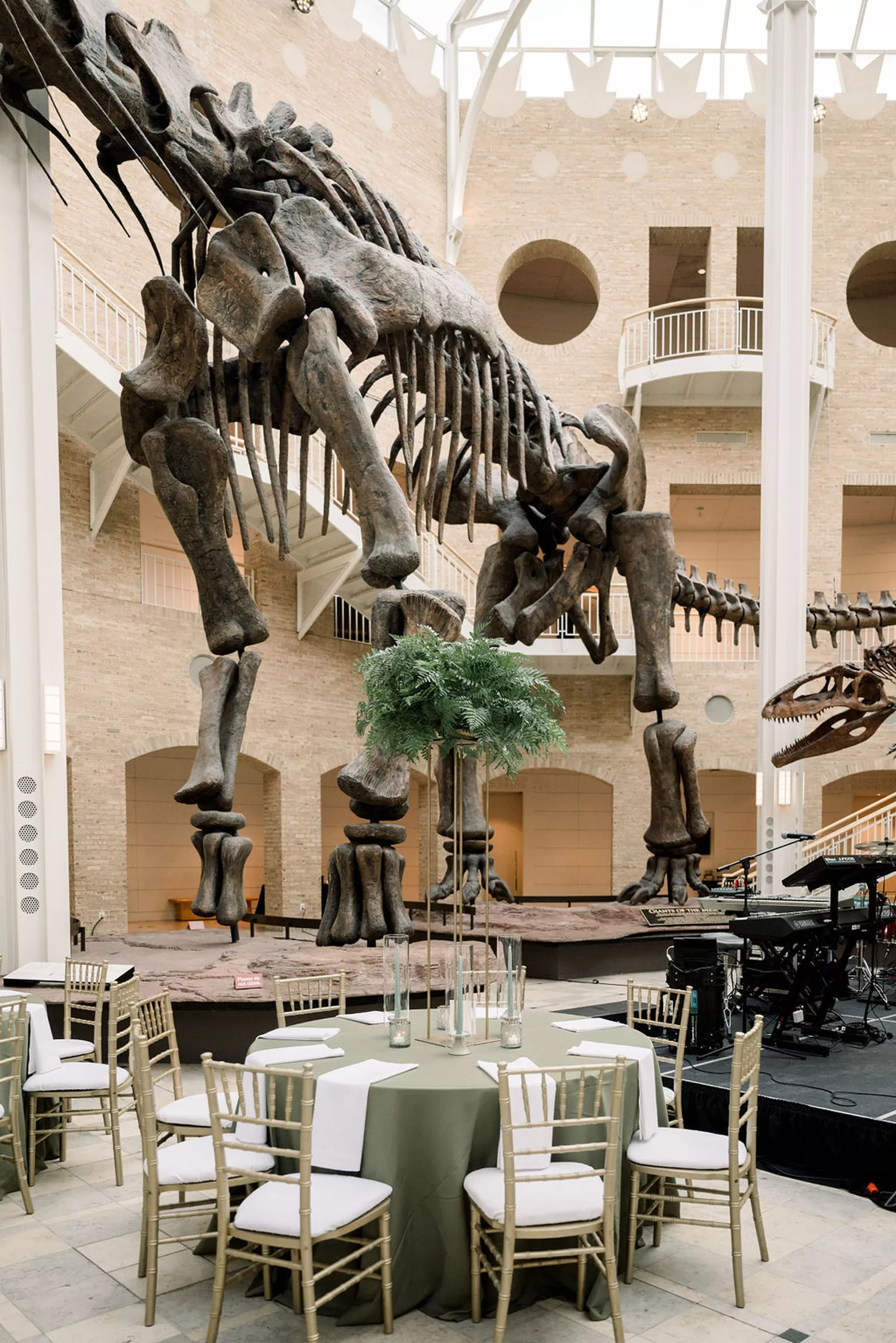 Details of a wedding reception table setup under a large dinosaur skeleton next to a band on a stage at a jurassic park wedding