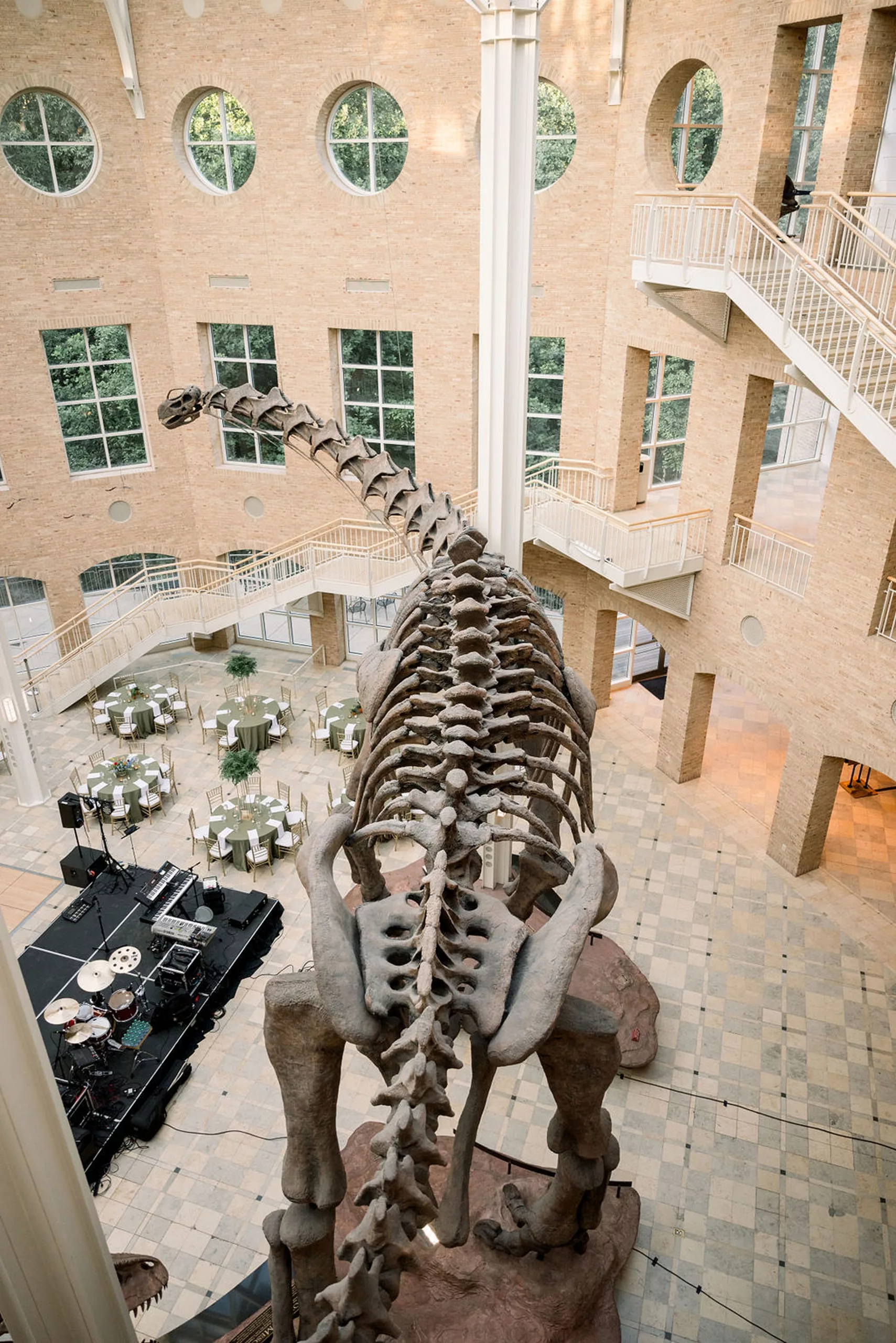 Details of a wedding ceremony set up under a large dinosaur skeleton in a tall museum lobby at a jurassic park wedding