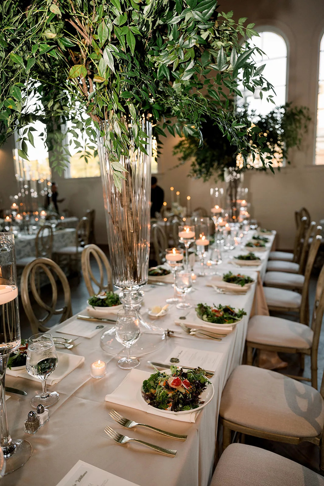 Details of a wedding reception table set up with salads at The Chapel Athens